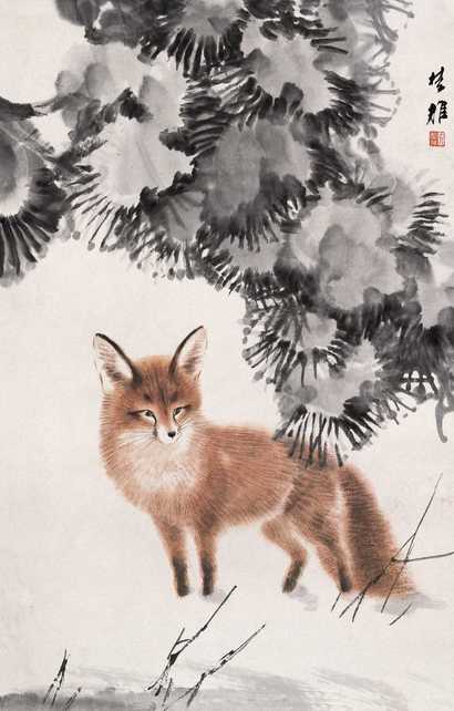 方楚雄 狐狸花卉 立轴